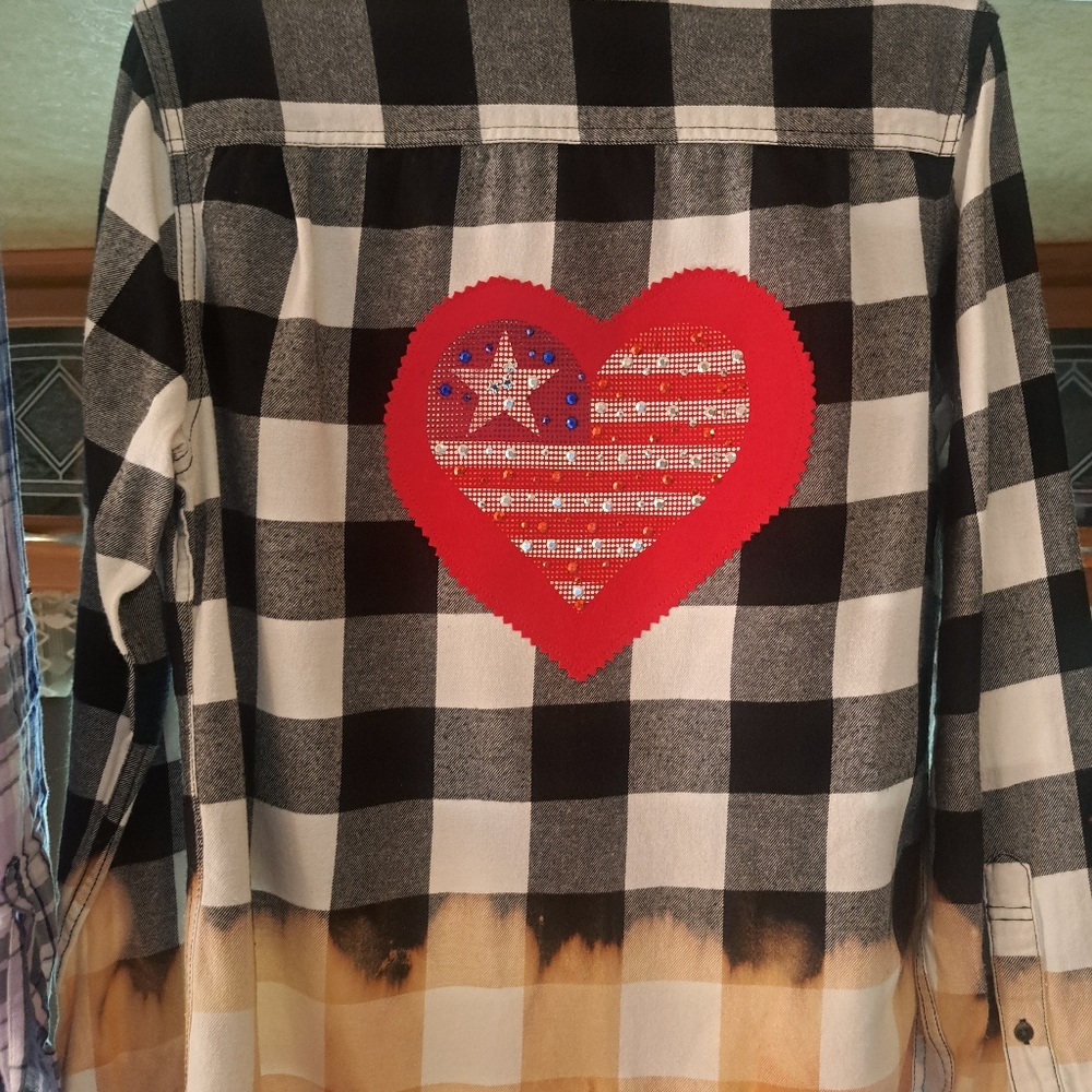 Flannel Shirt Upcycled Bleached AMERICAN FLAG Sm